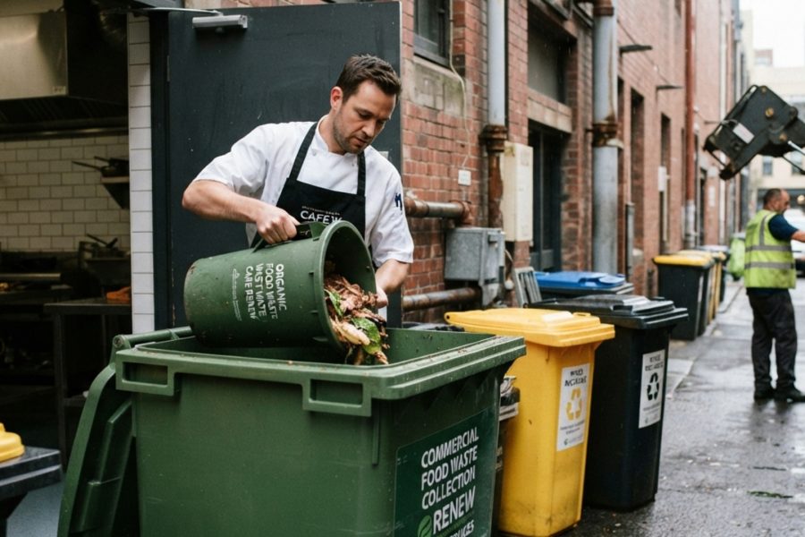 Food waste collection bins in a commercial kitchen for cafes, restaurants and pubs.